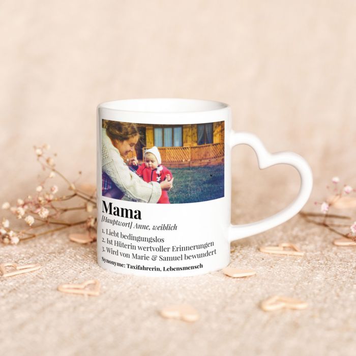 Personalisierbare Herzhenkel-Tasse mit Foto und Definition Personalisierbare Herzhenkel-Tasse mit Foto und Definition
